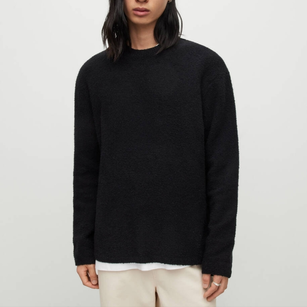 All Saints Eamont Crew Sweater Oversized Fit Cozy Yarn Black Pull-over Size 2XL
